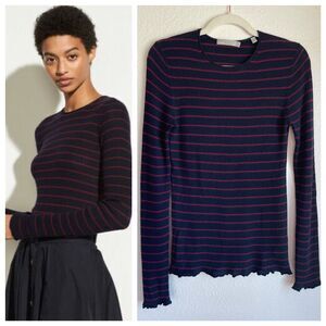 Vince. Women's Ribbed Navy & Merlot Striped 100% Cashmere Fitted Sweater Large